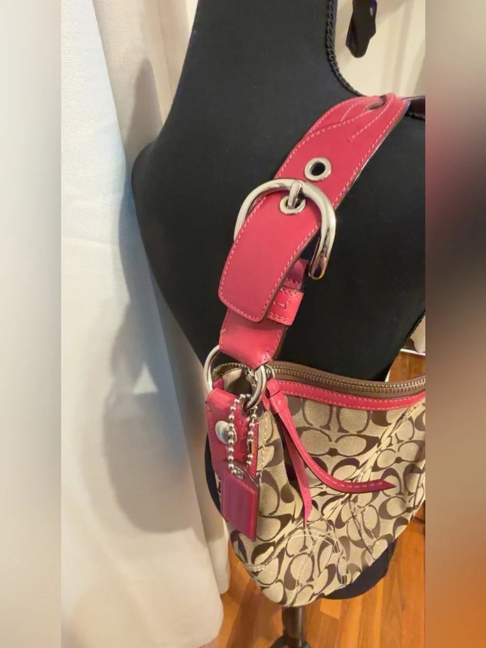 Coach Signature Canvas Shoulder Bag in Pink and Tan